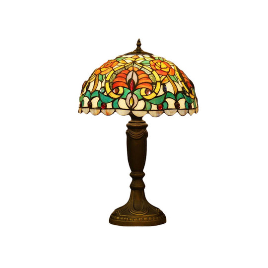 Victorian Domed Cut Glass Night Table Light - Beige/Orange Floral Desk Lamp