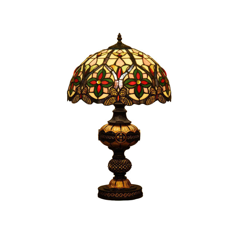 Art Glass Victorian Desk Lamp With Stained Beige/Orange Bowl Shade - Elegant Flower Night Table