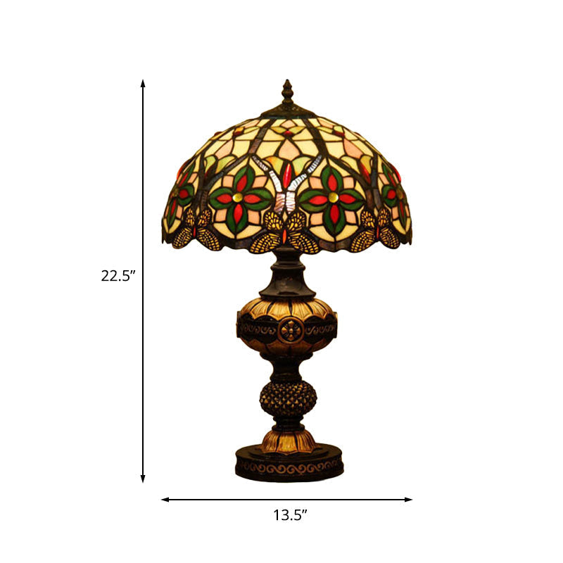 Art Glass Victorian Desk Lamp With Stained Beige/Orange Bowl Shade - Elegant Flower Night Table