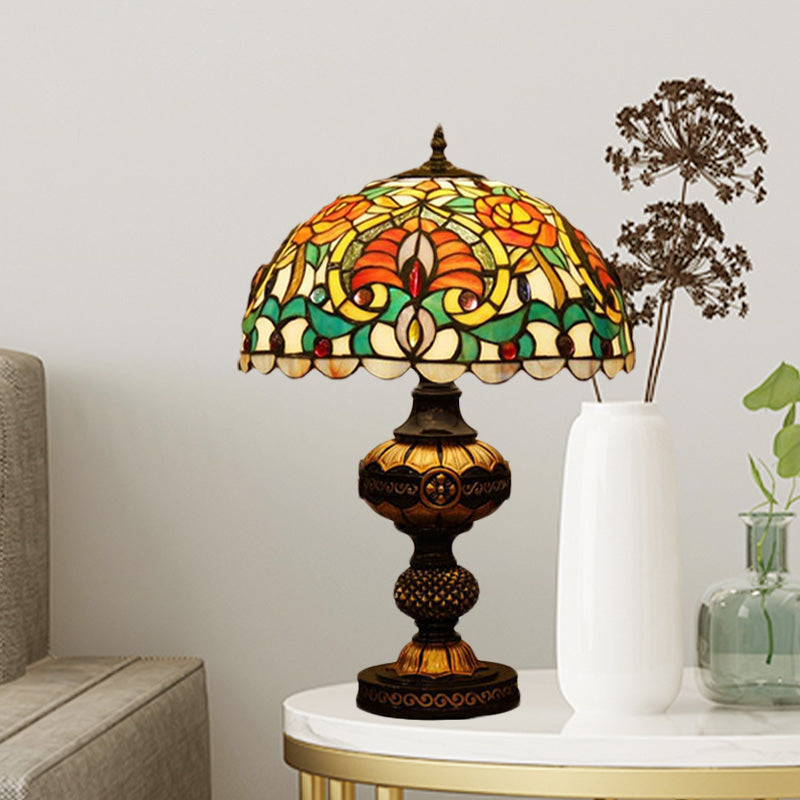 Art Glass Victorian Desk Lamp With Stained Beige/Orange Bowl Shade - Elegant Flower Night Table