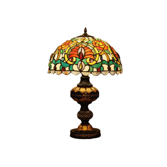 Art Glass Victorian Desk Lamp With Stained Beige/Orange Bowl Shade - Elegant Flower Night Table