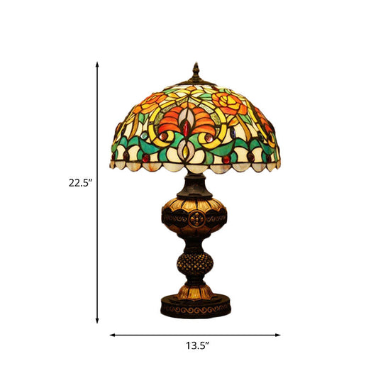 Art Glass Victorian Desk Lamp With Stained Beige/Orange Bowl Shade - Elegant Flower Night Table