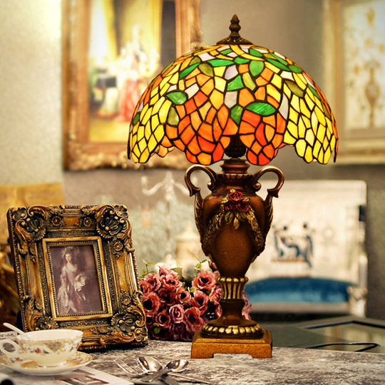 Baroque Wisteria Stained Glass Night Table Lamp With Bronze Trophy Base