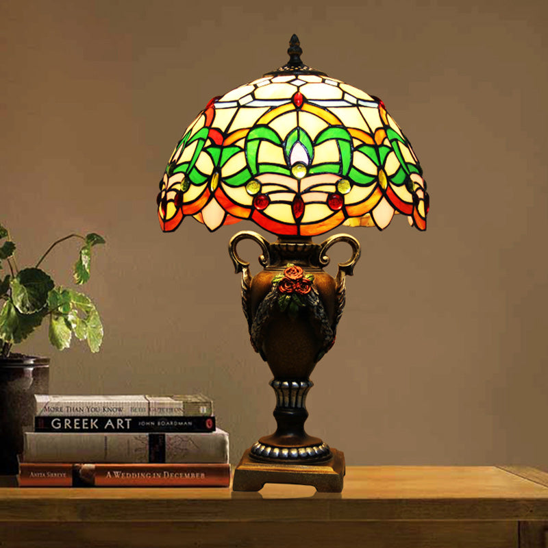 Mediterranean Desk Lamp: Hand-Cut Glass Blossom Pattern Night Light In Yellow/Green With Trophy Base