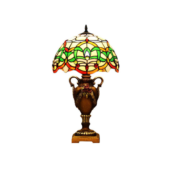 Mediterranean Desk Lamp: Hand-Cut Glass Blossom Pattern Night Light In Yellow/Green With Trophy Base