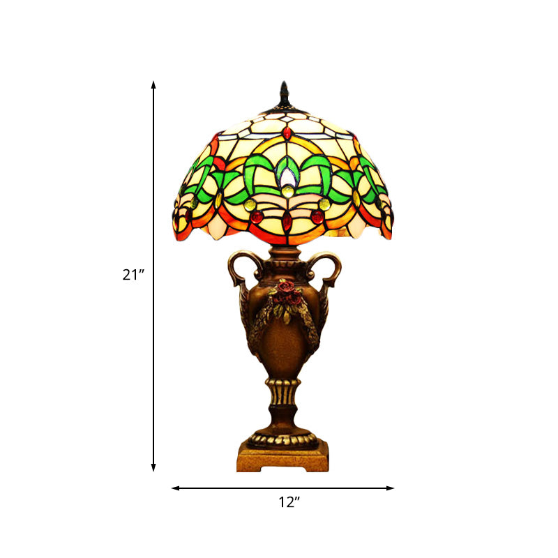 Mediterranean Desk Lamp: Hand-Cut Glass Blossom Pattern Night Light In Yellow/Green With Trophy Base