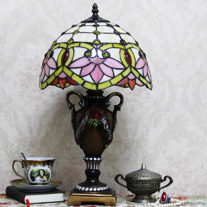 Mediterranean Desk Lamp: Hand-Cut Glass Blossom Pattern Night Light In Yellow/Green With Trophy Base