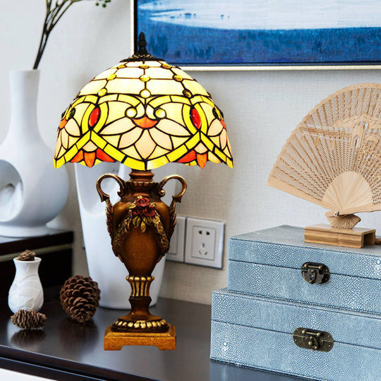 Mediterranean Desk Lamp: Hand-Cut Glass Blossom Pattern Night Light In Yellow/Green With Trophy Base