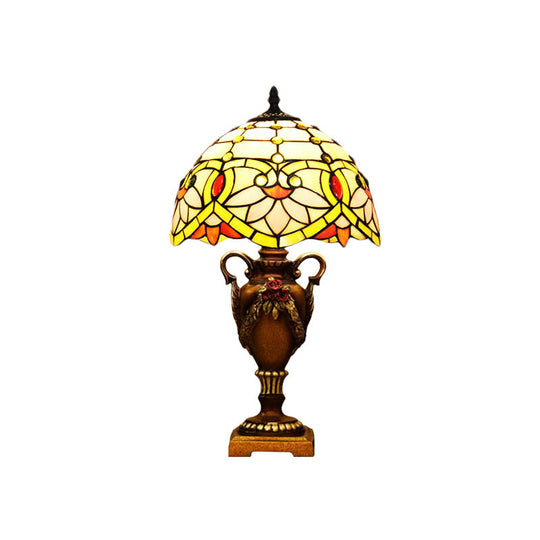 Mediterranean Desk Lamp: Hand-Cut Glass Blossom Pattern Night Light In Yellow/Green With Trophy Base