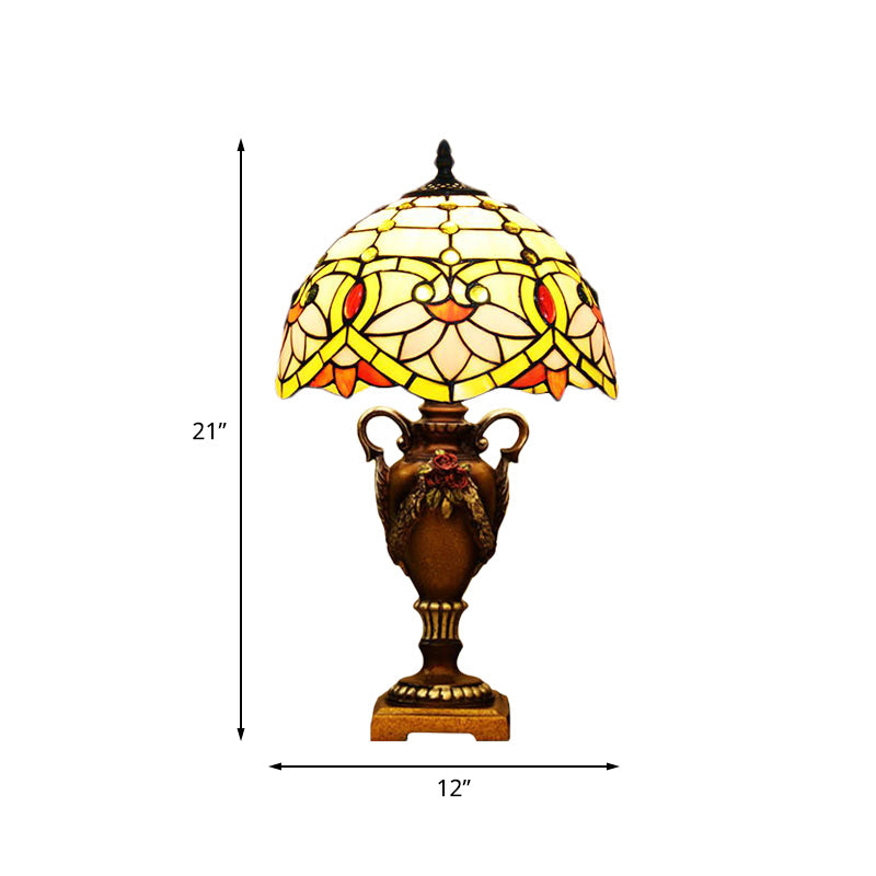 Mediterranean Desk Lamp: Hand-Cut Glass Blossom Pattern Night Light In Yellow/Green With Trophy Base