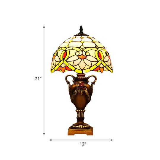 Mediterranean Desk Lamp: Hand-Cut Glass Blossom Pattern Night Light In Yellow/Green With Trophy Base