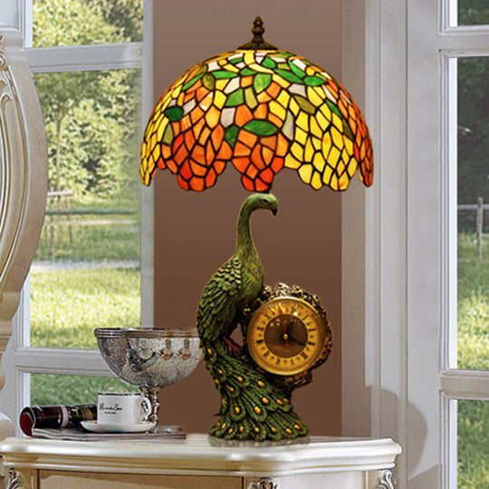 Olivia - Green Green 1 Head Night Light Tiffany Stained Glass Wisteria Table Lamp with Peacock and Clock Base