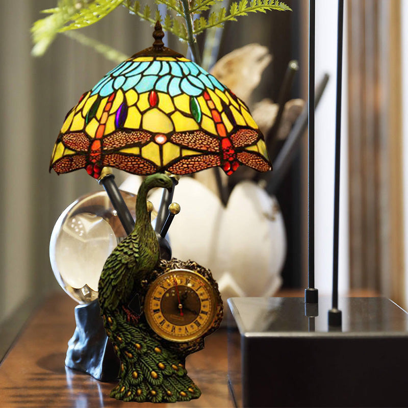 Monica - Dragonfly 1-Bulb Dragonfly Night Lamp Mediterranean Light Blue and Yellow Cut Glass Nightstand Light with Peacock and Clock Deco