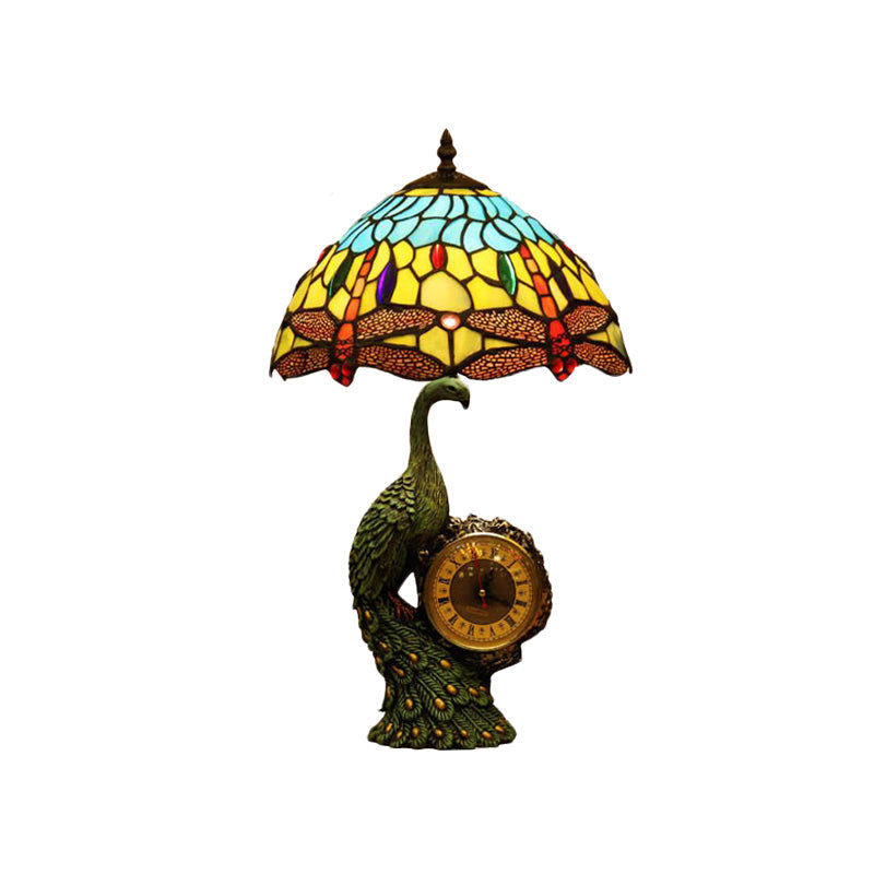 Dragonfly Night Lamp: Mediterranean Style In Light Blue And Yellow Cut Glass With Peacock Clock Deco