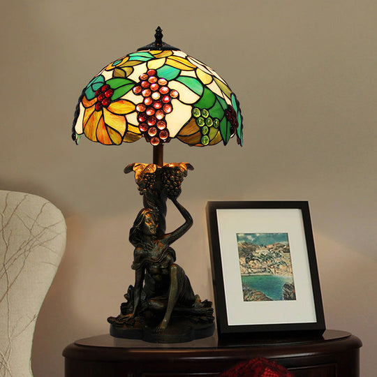 Roberta - Victorian Stained Glass Domed Nightstand Lamp Victorian 1 Light Green Grape Patterned Desk Lighting with Working Woman for Bedroom