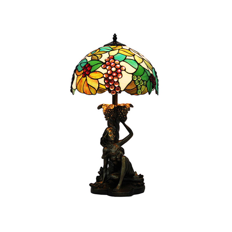 Victorian Stained Glass Nightstand Lamp - Green Grape Pattern With Dome Shade For Bedroom