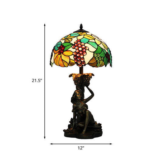 Victorian Stained Glass Nightstand Lamp - Green Grape Pattern With Dome Shade For Bedroom