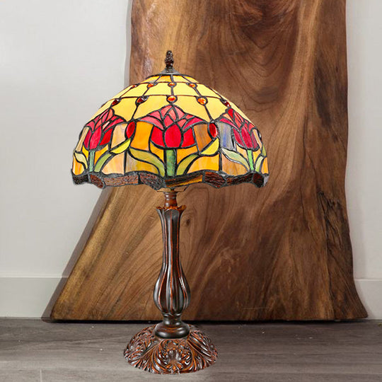 Eleonora - Tiffany Dome Shade Cut Glass Nightstand Light Tiffany 1 Light Bronze Night Table Lamp with Flower Pattern