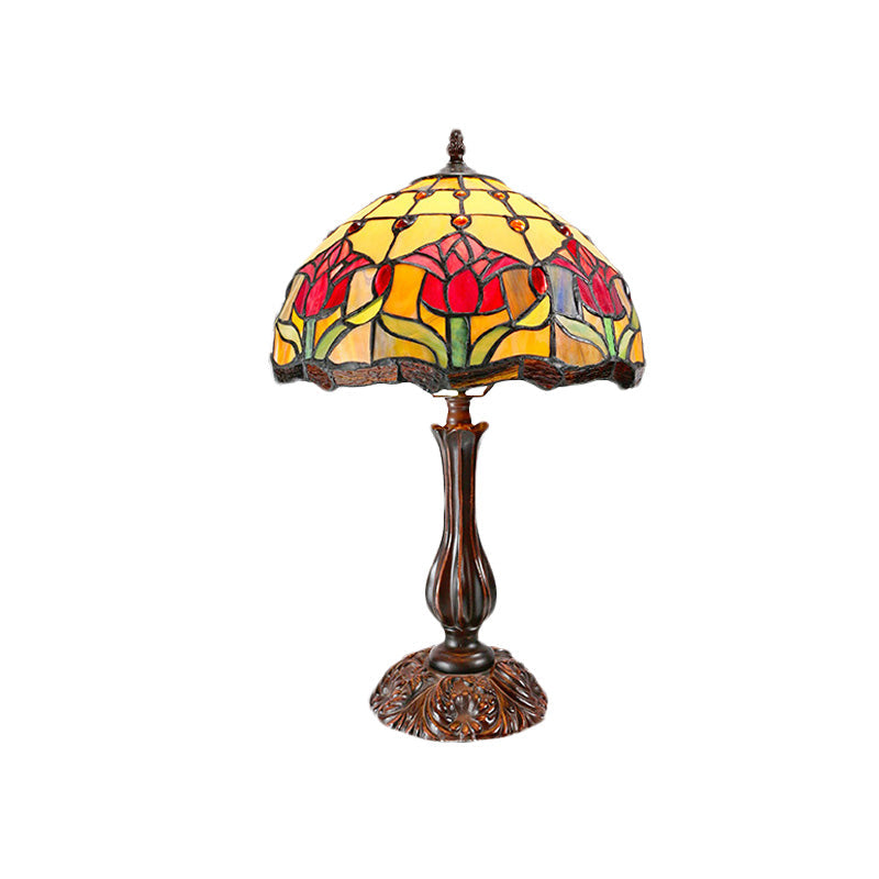 Tiffany Bronze Nightstand Lamp With Flower Pattern - Cut Glass Dome Shade 1 Light Night Table