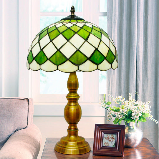 Aurore - 1- 1 Head Bedroom Nightstand Lighting Mediterranean Green Table Lamp with Lattice Bowl Cut Glass Shade