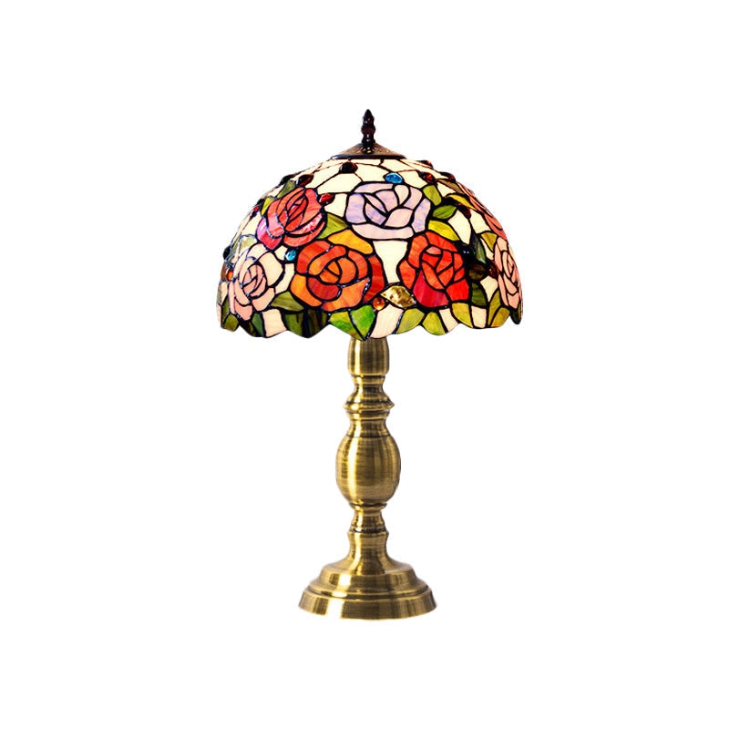 Martine - Victorian Cut Glass Brushed Brass Table Lighting Bowl Shaped 1 Head Victorian Rose Patterned Night Lamp