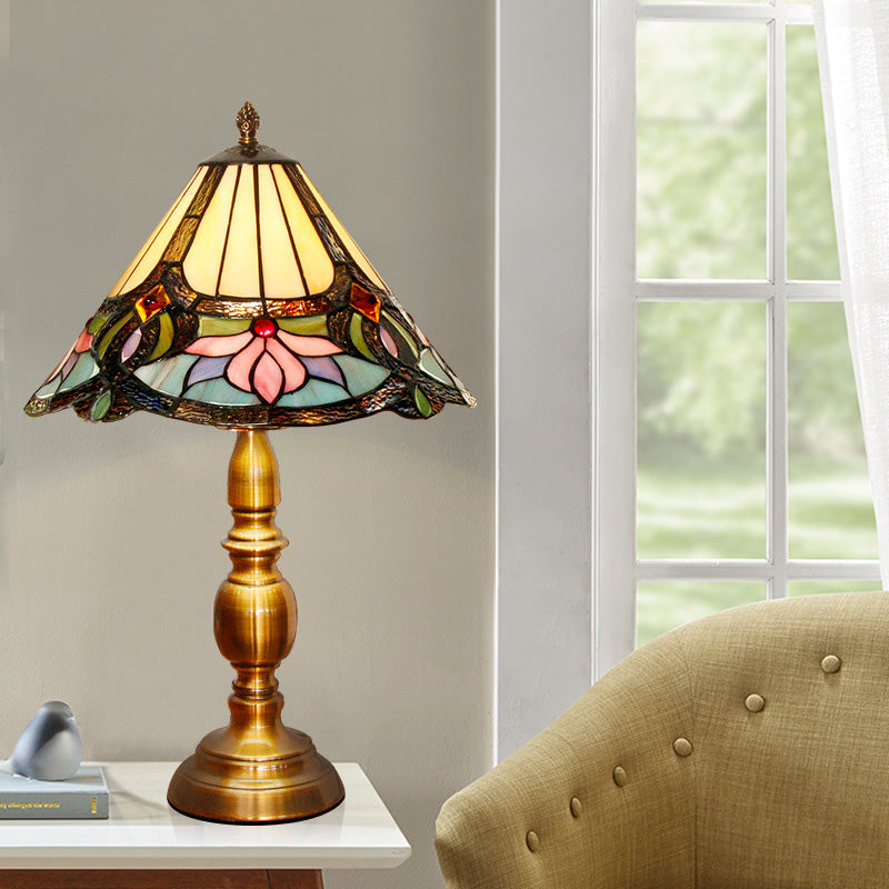 Hand-Cut Glass Lotus Patterned Table Light In Brushed Brass - Baroque Conical Design