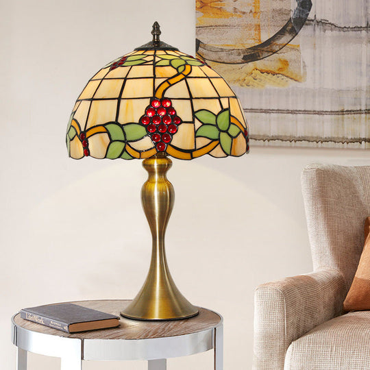 Victorian Stained Art Glass Dome Table Lamp - Elegant Gold Night Light With Grape Pattern 1-Light