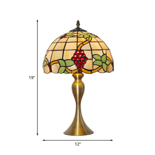 Victorian Stained Art Glass Dome Table Lamp - Elegant Gold Night Light With Grape Pattern 1-Light