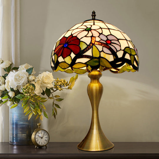 Gold Tiffany Bowl Night Table Lamp With Stained Art Glass & Blossom Pattern