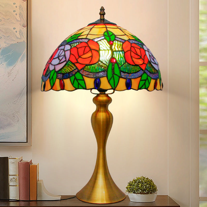 Gold Night Table Lamp: 1-Light Mediterranean Cut Glass Bowl Shape Desk Light With Rose Pattern