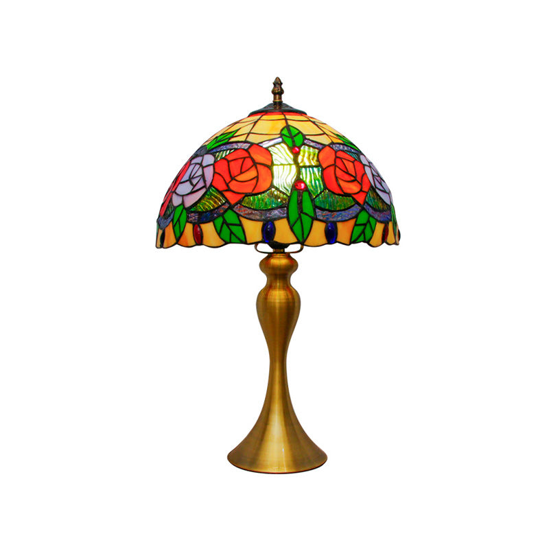 Gold Night Table Lamp: 1-Light Mediterranean Cut Glass Bowl Shape Desk Light With Rose Pattern