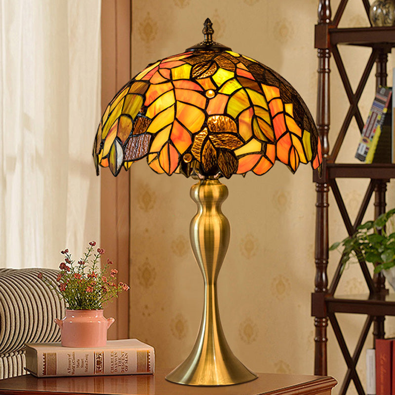 Baroque Gold 1-Light Leaf Pattern Night Lamp With Hand Cut Glass Table Lighting And Dome Shade