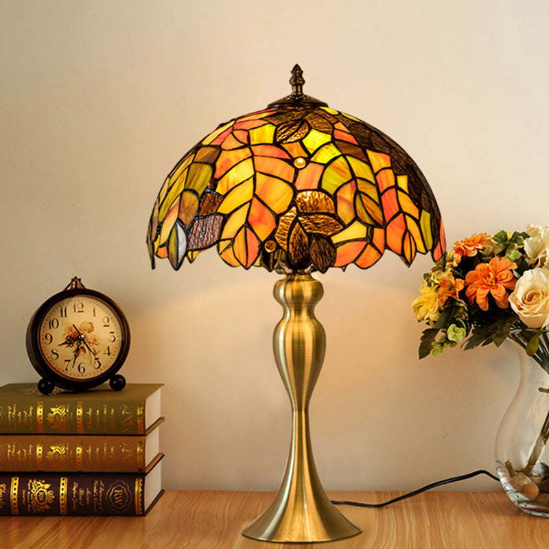 Abigail - Baroque 1-Light Leaf Patterned Night Lamp Baroque Gold Finish Hand Cut Glass Table Lighting with Dome Shade