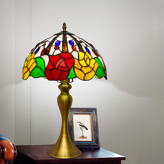 Tiffany Style Stained Glass Nightstand Lamp With Domed Design Gold Flower Pattern 1 Head Night