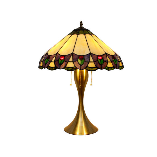 Mothallah - Gold Conic Nightstand Light 3-Head Stained Glass Tiffany Peacock Tail Patterned Table Lighting in Gold with Pull Chain