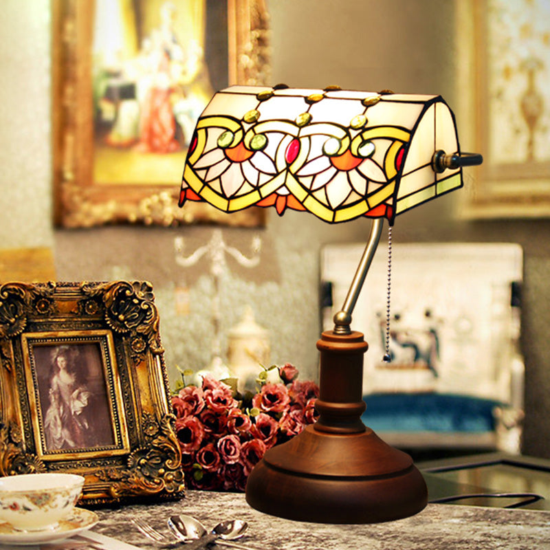 Dark Brown Stained Glass Nightstand Table Lamp With Pull Chain - Mediterranean Style