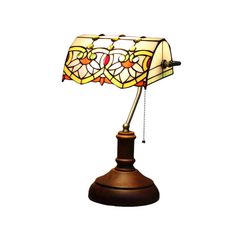 Dark Brown Stained Glass Nightstand Table Lamp With Pull Chain - Mediterranean Style