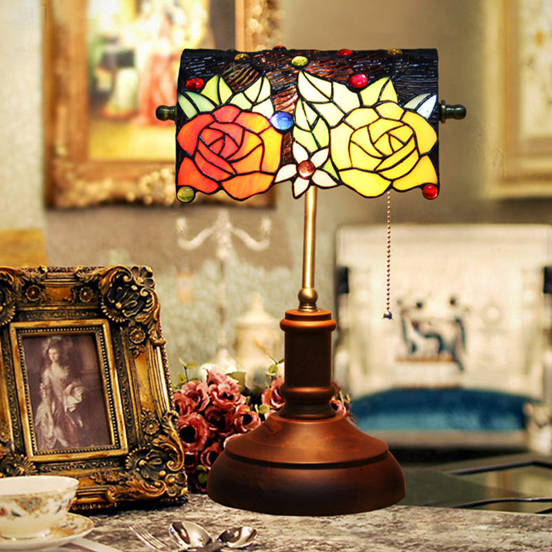 Baroque Rose Stained Glass Table Lamp: Elegant Night Lighting With Pull Chain - Dark Brown