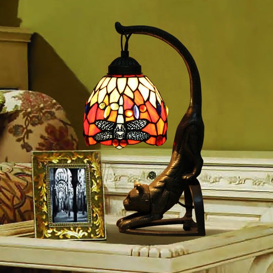 Tiffany Style Dragonfly Stained Glass Night Lamp With Cat-Shaped Base - Red/Green Table Lighting