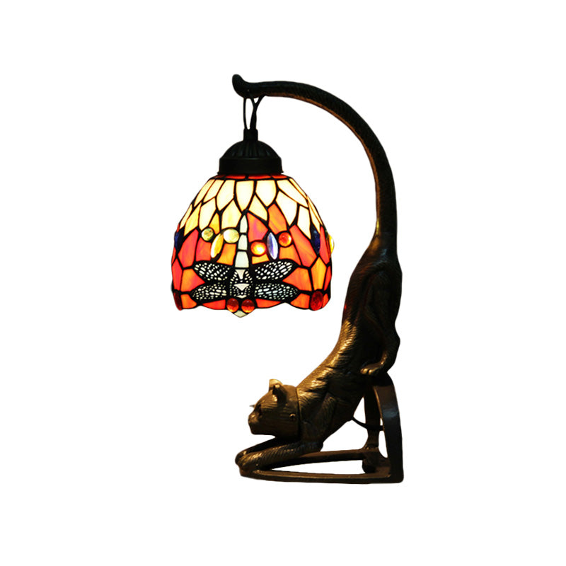 Tiffany Style Dragonfly Stained Glass Night Lamp With Cat-Shaped Base - Red/Green Table Lighting