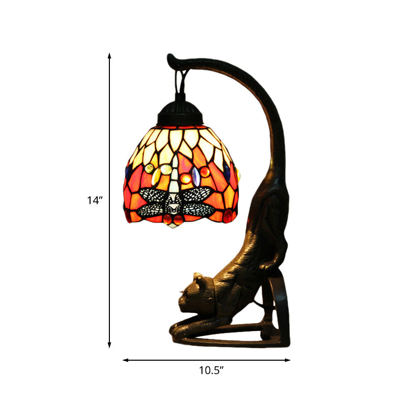 Tiffany Style Dragonfly Stained Glass Night Lamp With Cat-Shaped Base - Red/Green Table Lighting