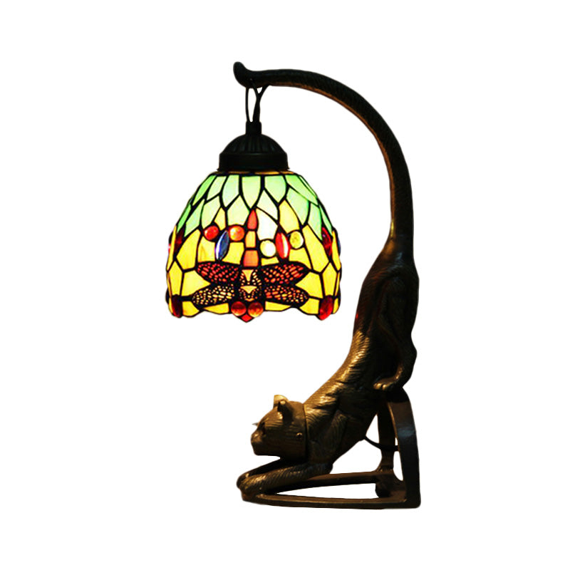 Tiffany Style Dragonfly Stained Glass Night Lamp With Cat-Shaped Base - Red/Green Table Lighting