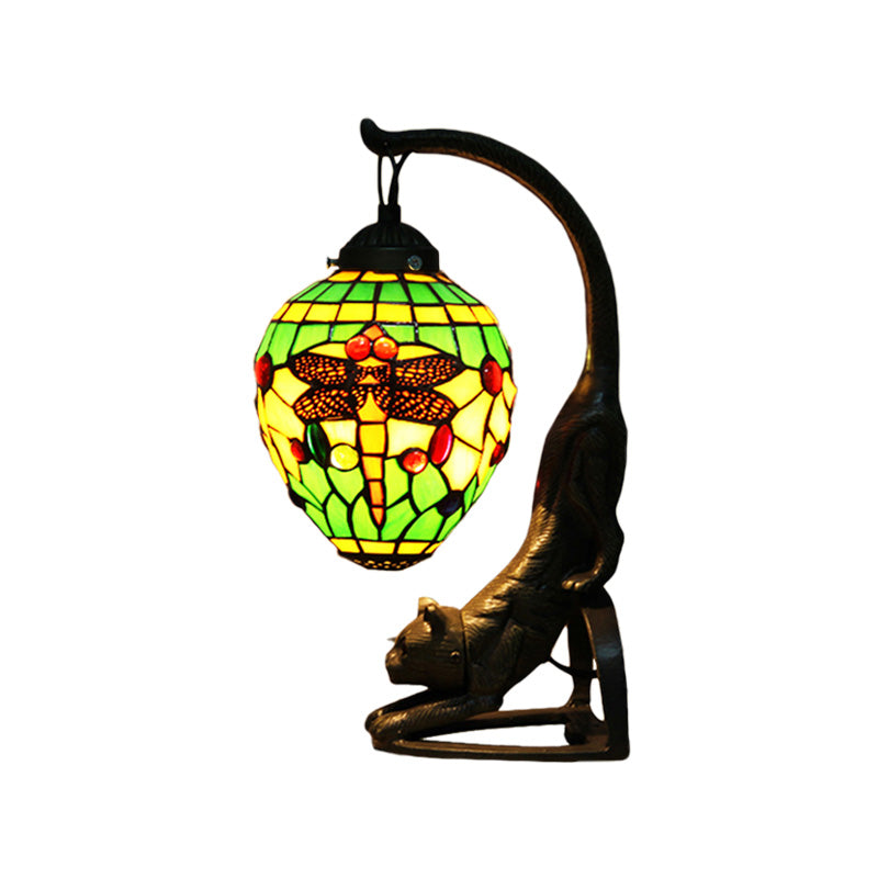 Baroque Style Dragonfly Desk Lamp With 1 Light - Red/Green Cat Table For Bedroom