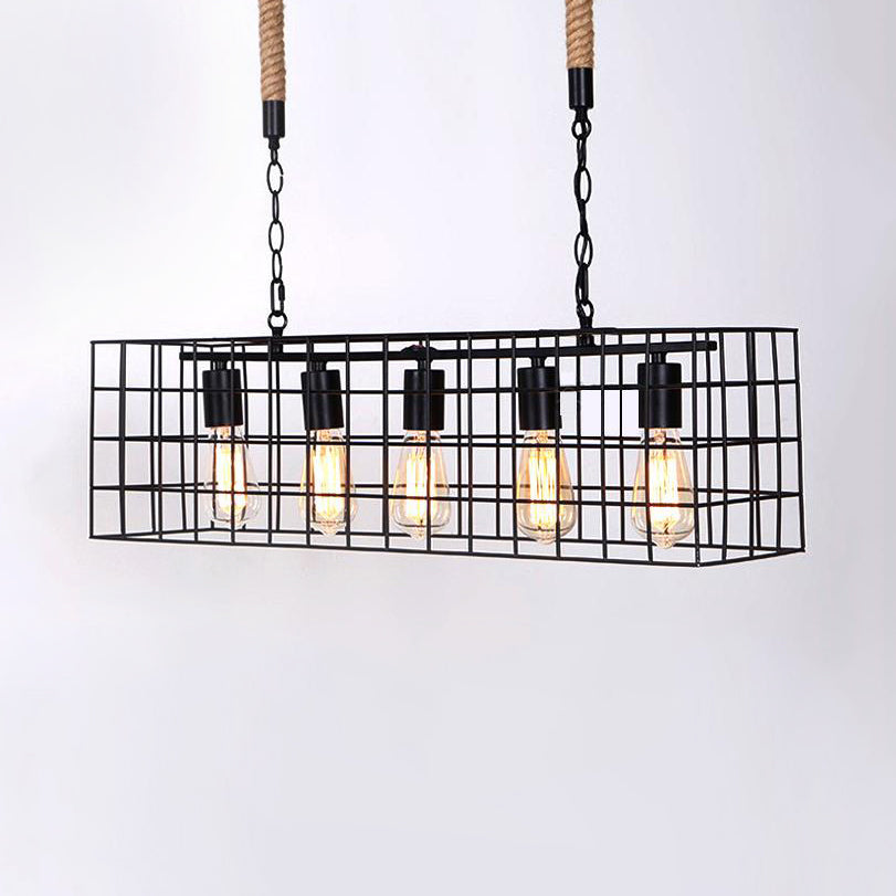 Industrial Style Black Metal Hanging Lamp With Rectangle Cage Shade - Ideal For Bars Set Of 5 Bulbs