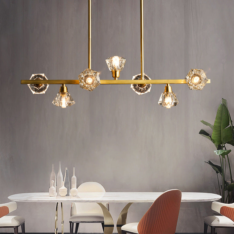 Diamond Crystal Brass Pendant With 7 Lights - Linear Restaurant Island Lamp