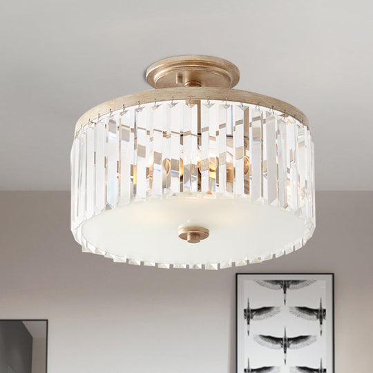 Gold Circle Crystal Block Semi Flush Mount with Recessed Lighting - 3 Bulbs, Simplicity for Corridors