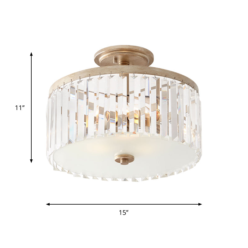 Gold Circle Crystal Block Semi Flush Mount with Recessed Lighting - 3 Bulbs, Simplicity for Corridors