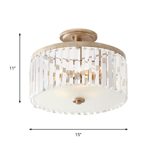 Gold Circle Crystal Block Semi Flush Mount with Recessed Lighting - 3 Bulbs, Simplicity for Corridors