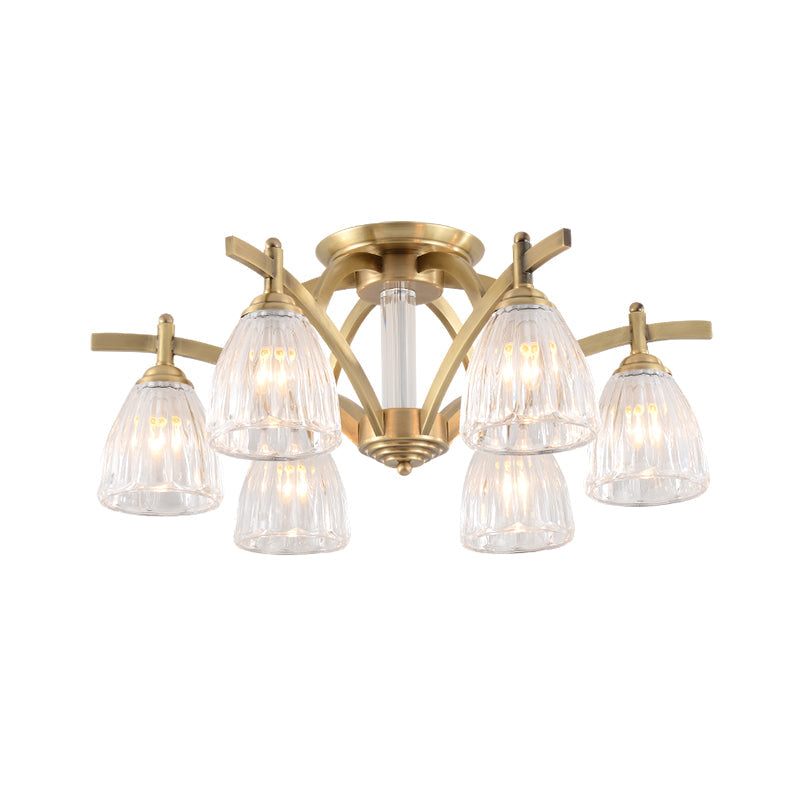 Vintage Clear Glass Cone Semi Flush Lamp with 6 Bulbs - Brass Ceiling Fixture for Dining Room