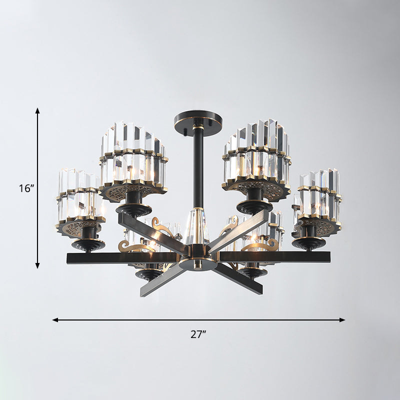 Minimalist Starburst Ceiling Flush 6-Head K9 Crystal Semi Flush Mount Light in Black